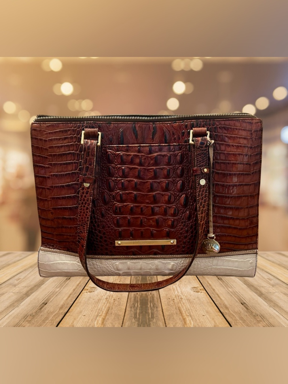 Brahmin Croc Embossed Leather Satchel Brown & Cream Colorblock – Good Condition
